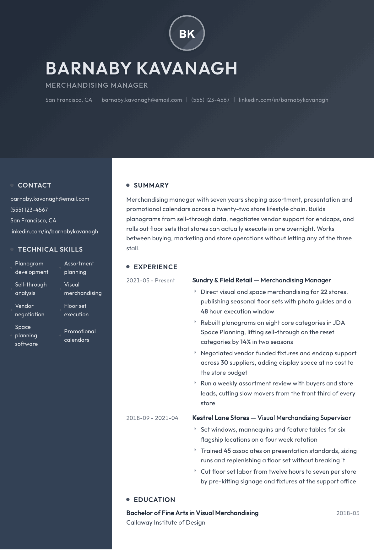 Merchandising Manager resume example, Binary template