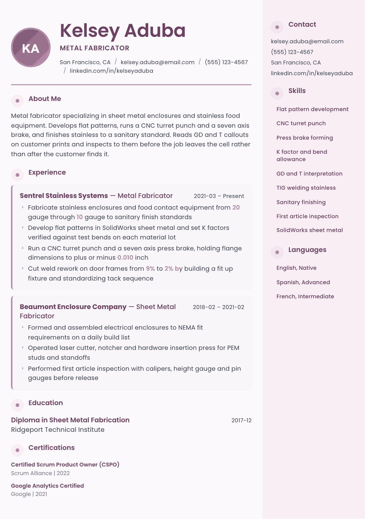 Metal Fabricator resume example, Bloom template