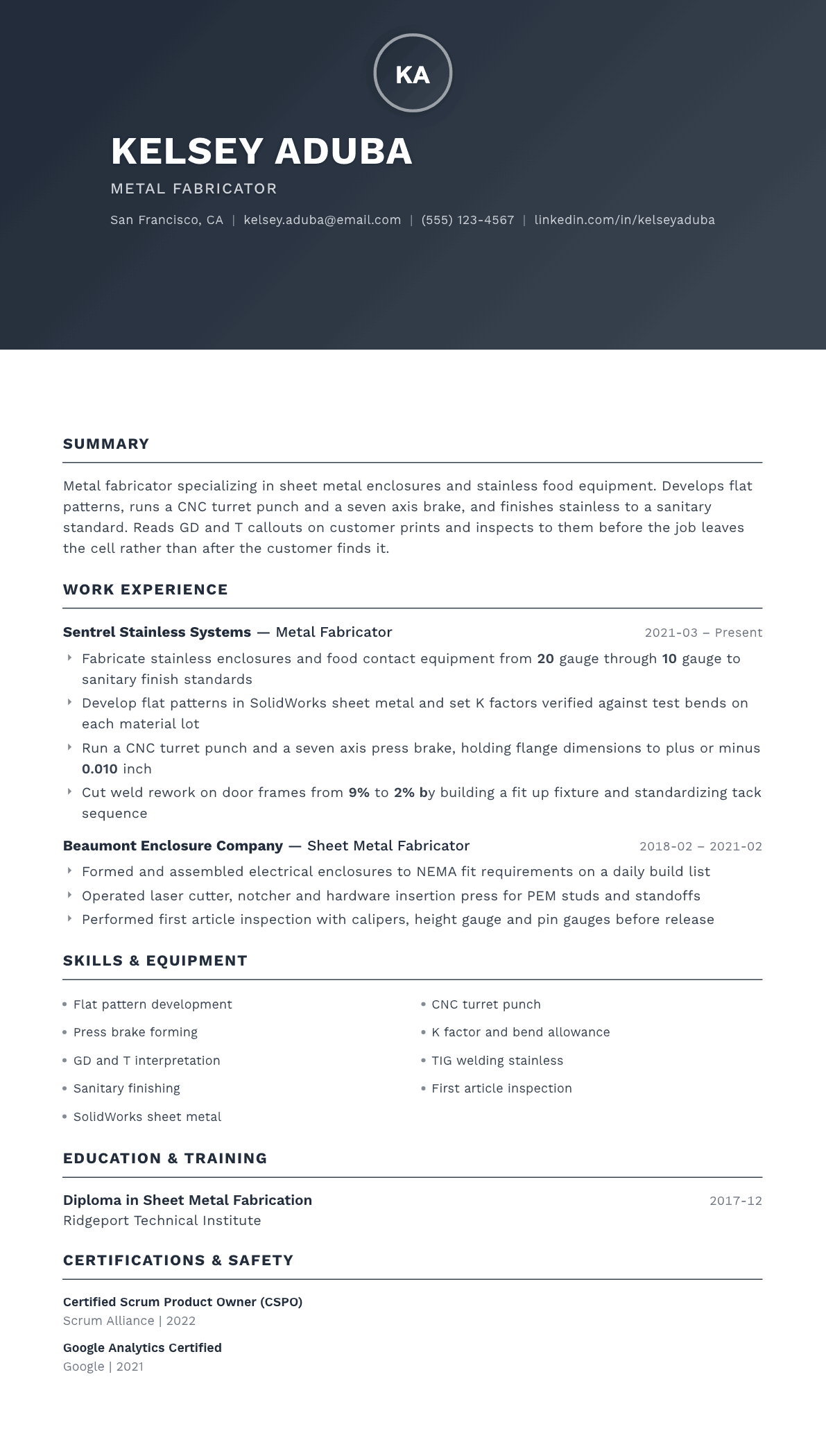 Metal Fabricator resume example, Foundation template