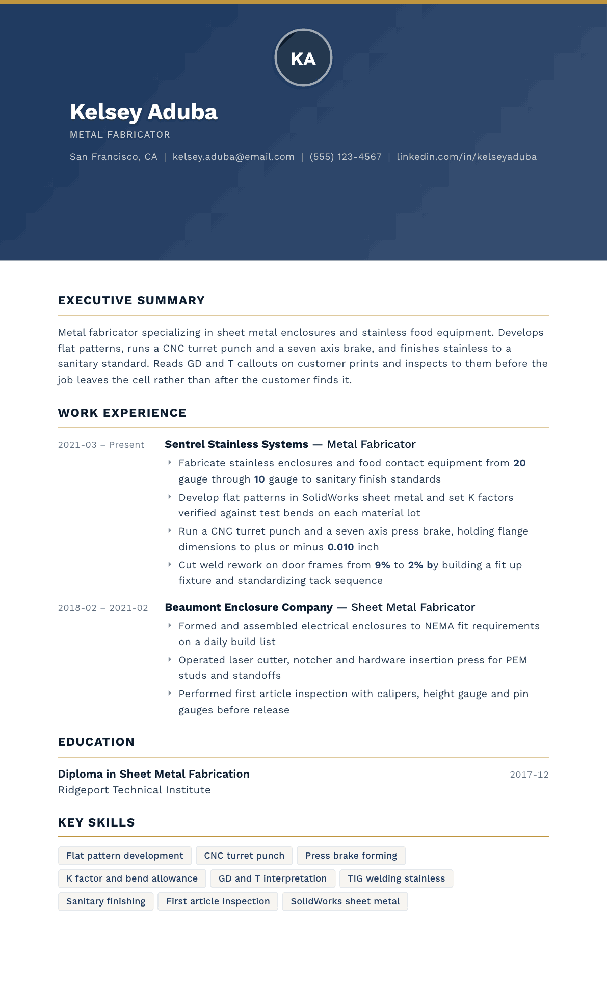 Metal Fabricator resume example, Sovereign template