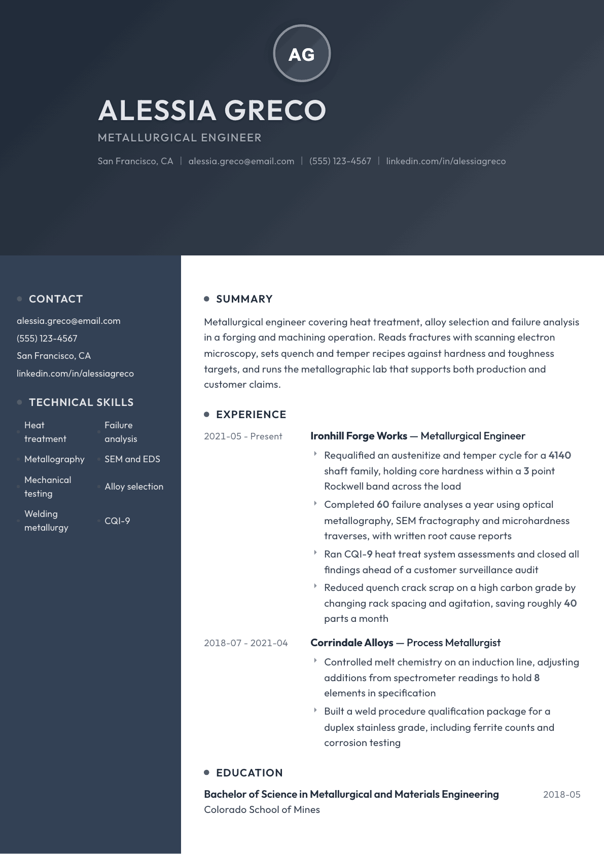Metallurgical Engineer resume example, Binary template