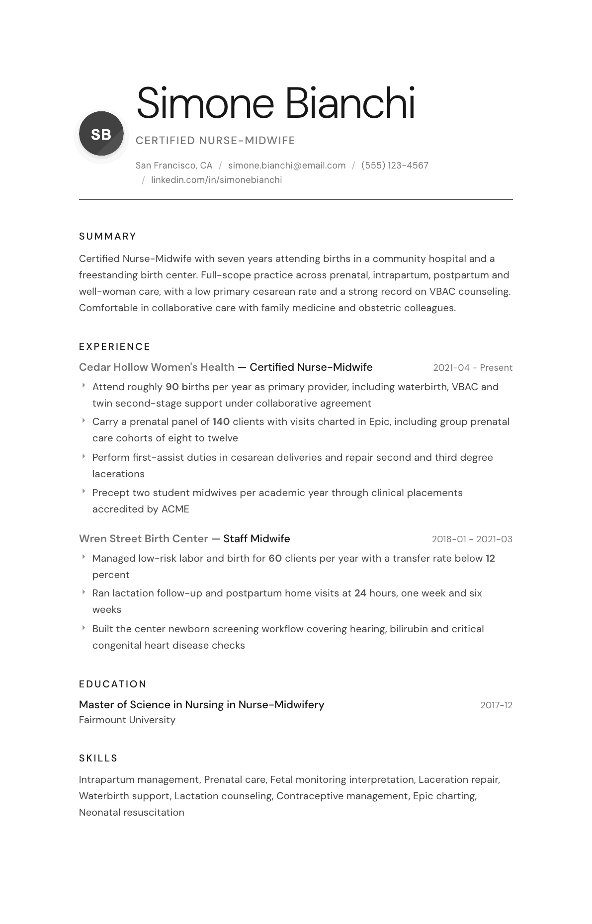 Midwife resume example, Whisper template