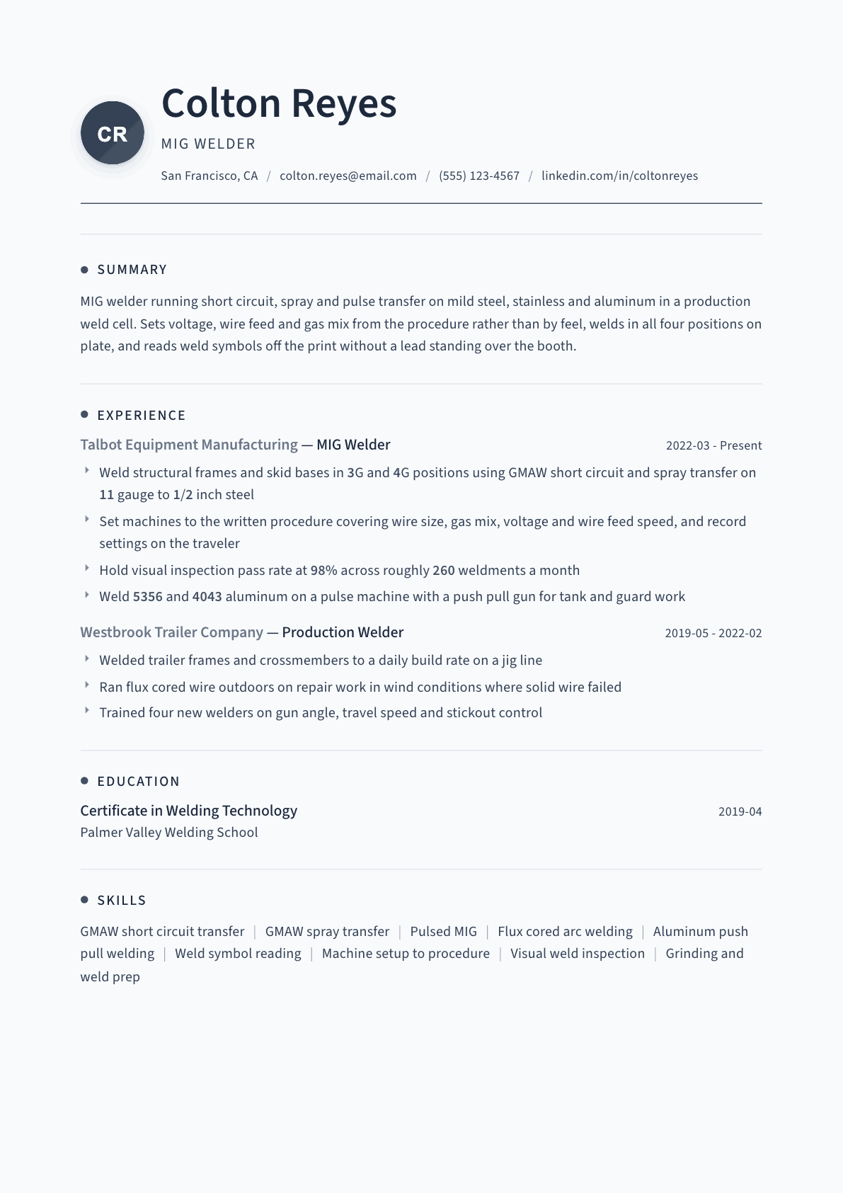 MIG Welder resume example, Thread template