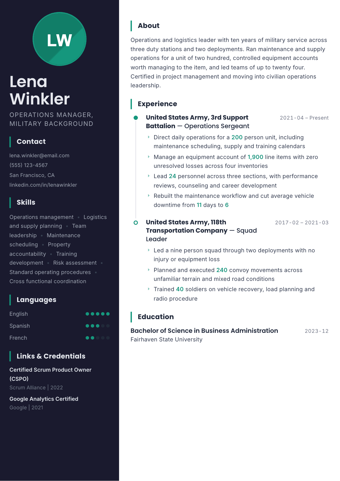 Military resume example, Bapak template