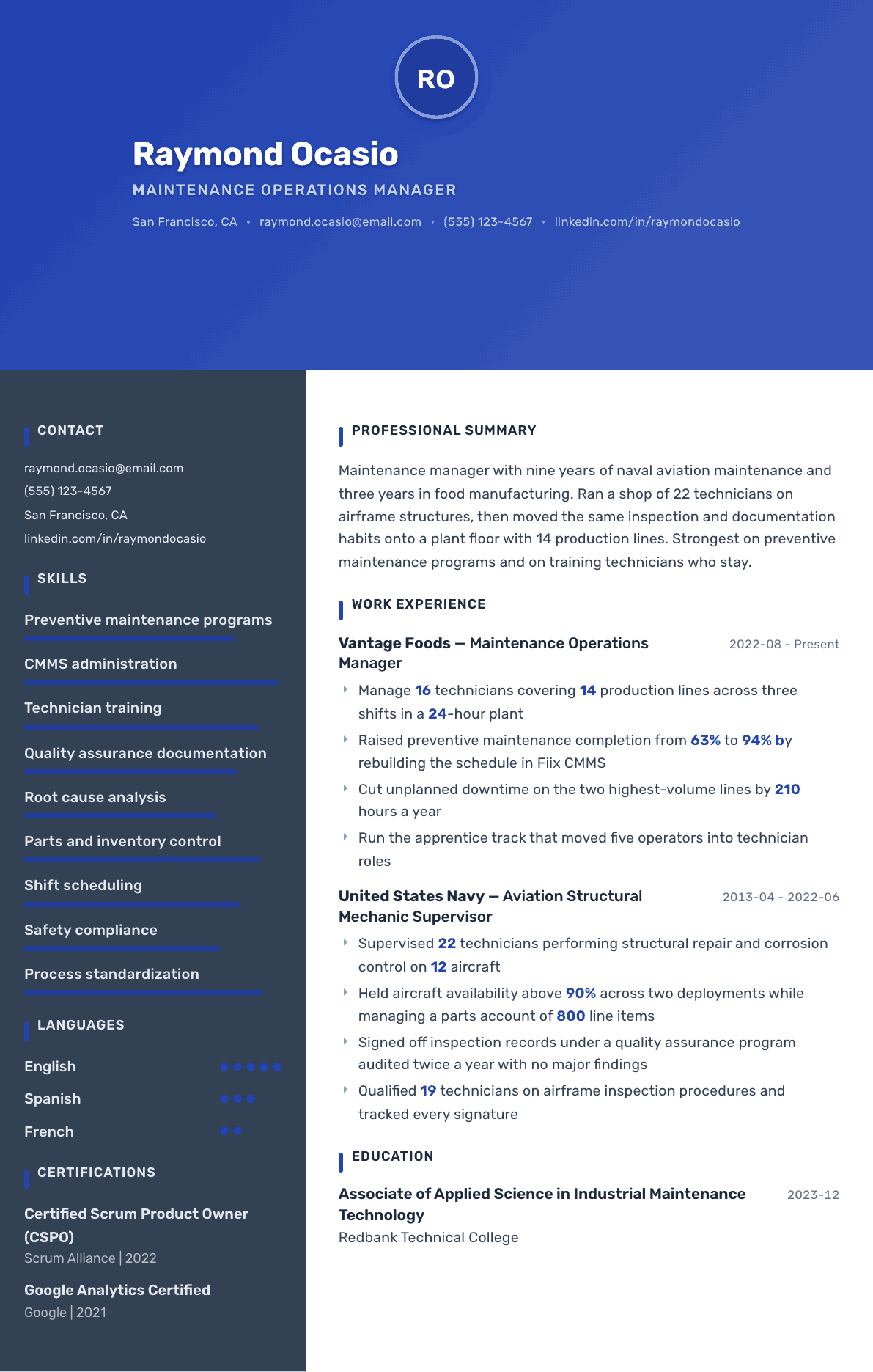 Military to Civilian resume example, Barcelona template