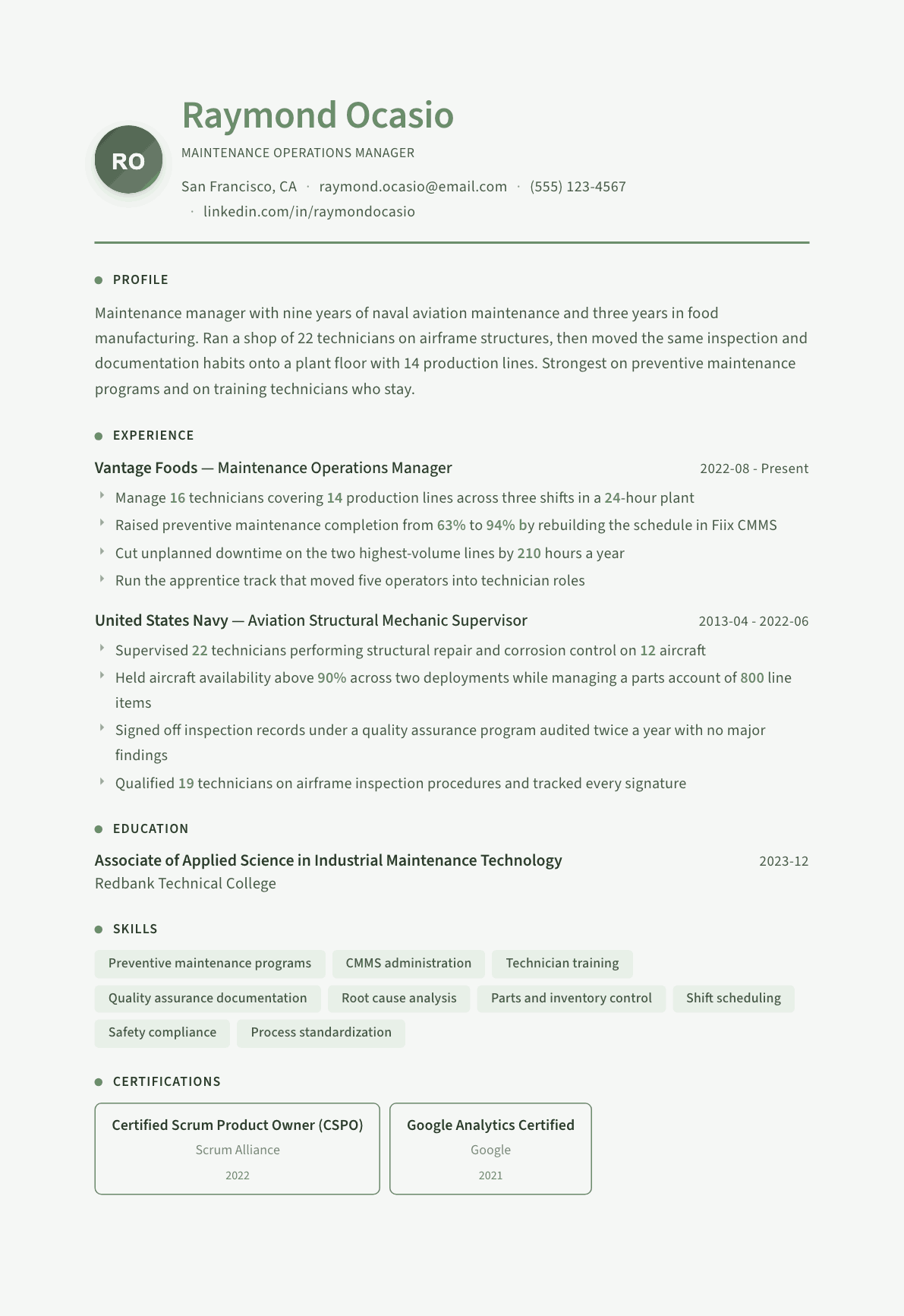 Military to Civilian resume example, Sage Garden template