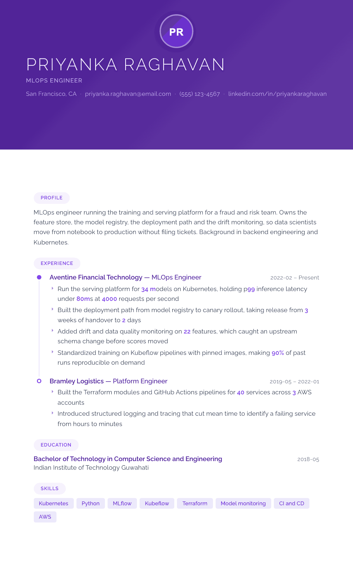 MLOps Engineer resume example, Canvas template