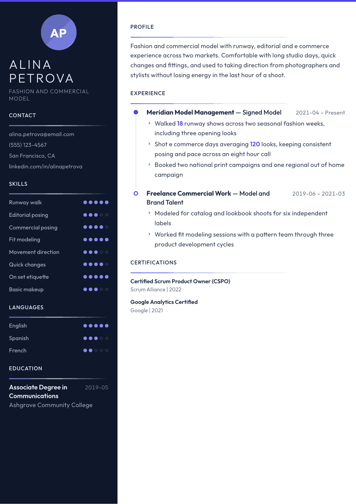 Model resume example, Zenith template