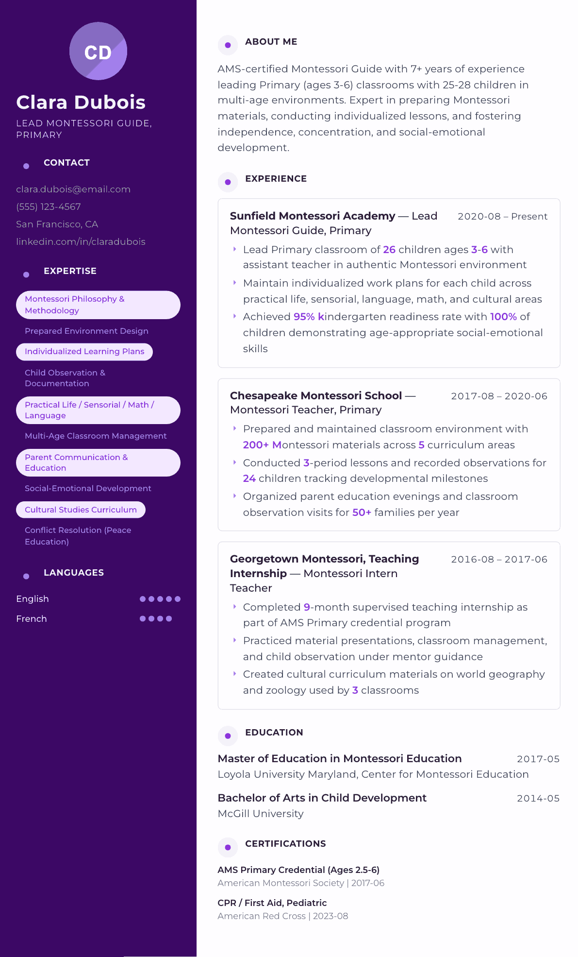 Montessori Teacher resume example, Palette template