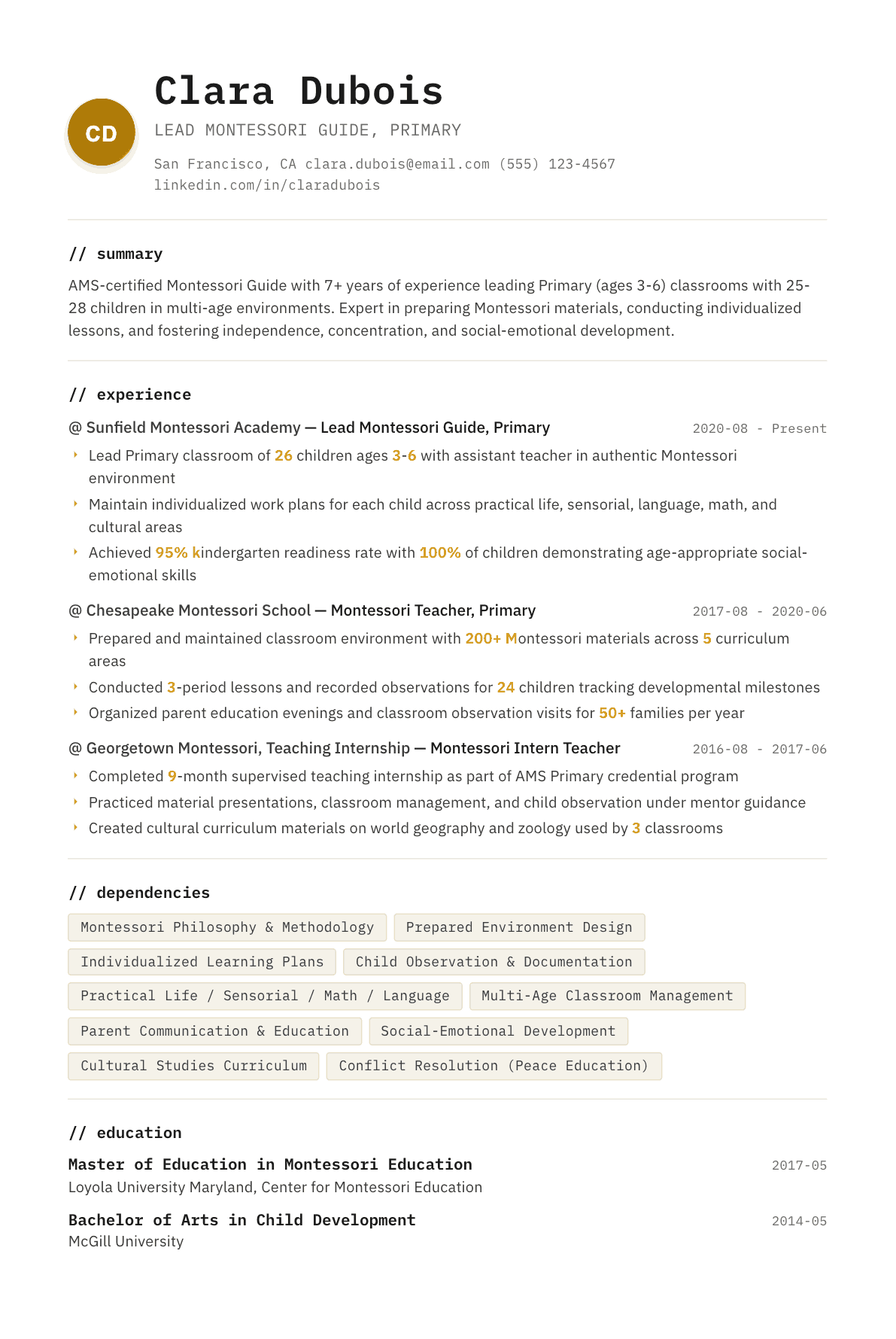 Montessori Teacher resume example, Terminal template