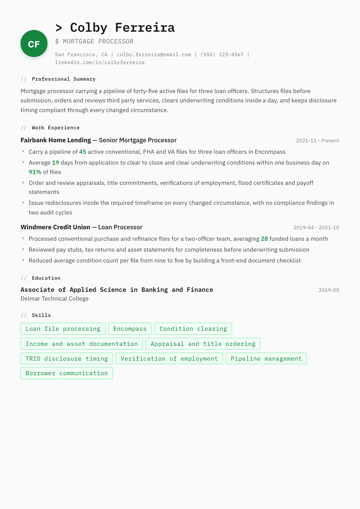 Mortgage Processor resume example, Amsterdam template