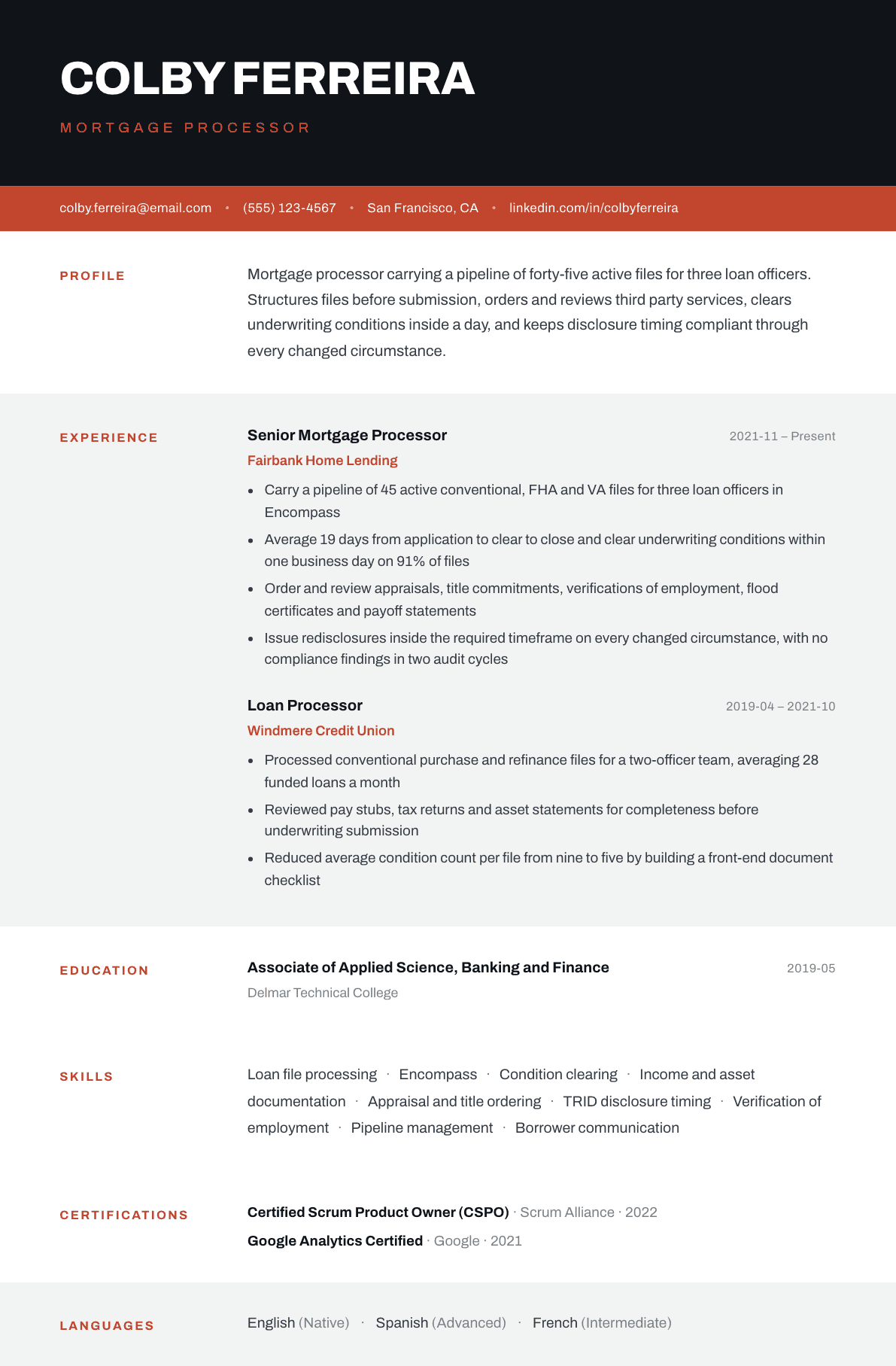 Mortgage Processor resume example, Strata template
