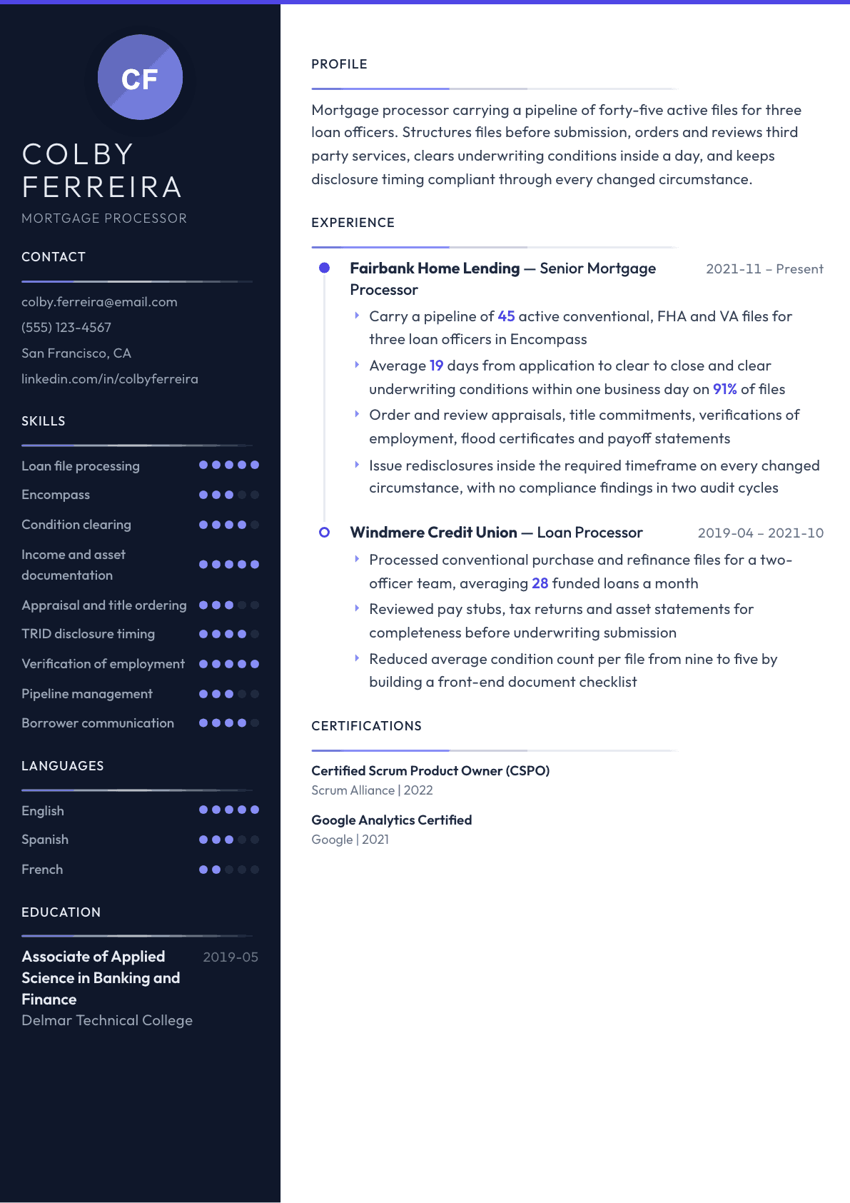 Mortgage Processor resume example, Zenith template