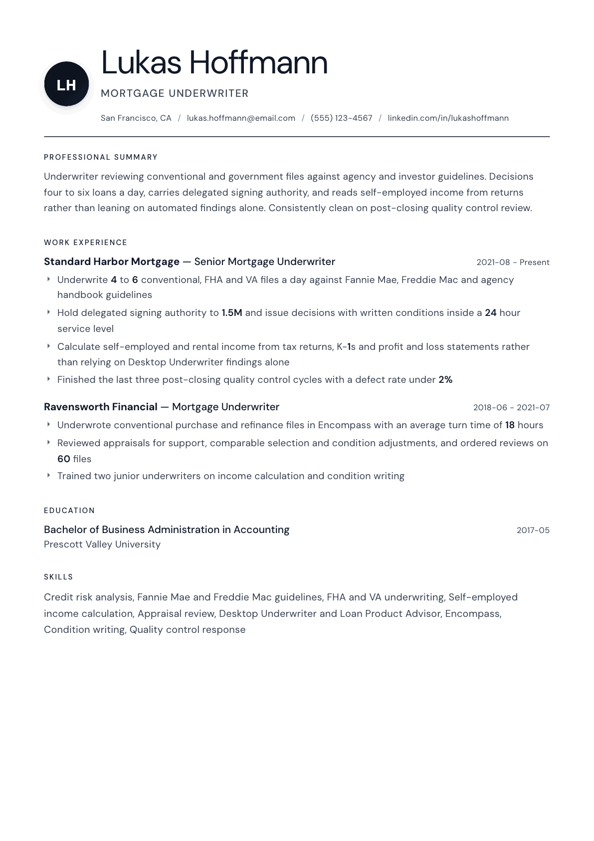 Mortgage Underwriter resume example, Stockholm template