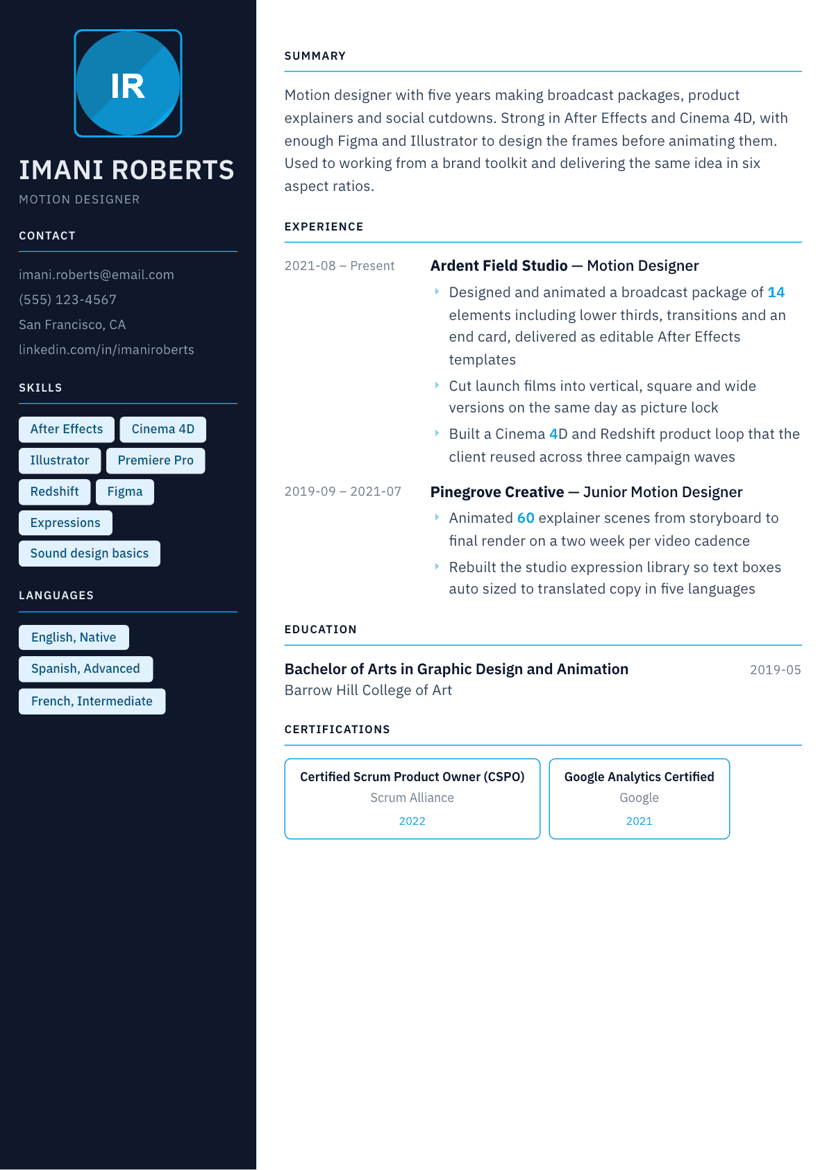 Motion Designer resume example, Everest template