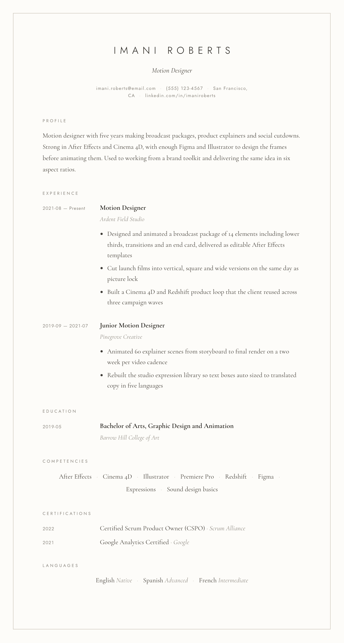 Motion Designer resume example, Vellum template