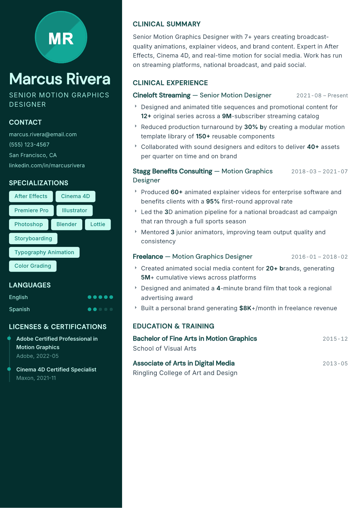 Motion Graphics Designer resume example, Vitalis template