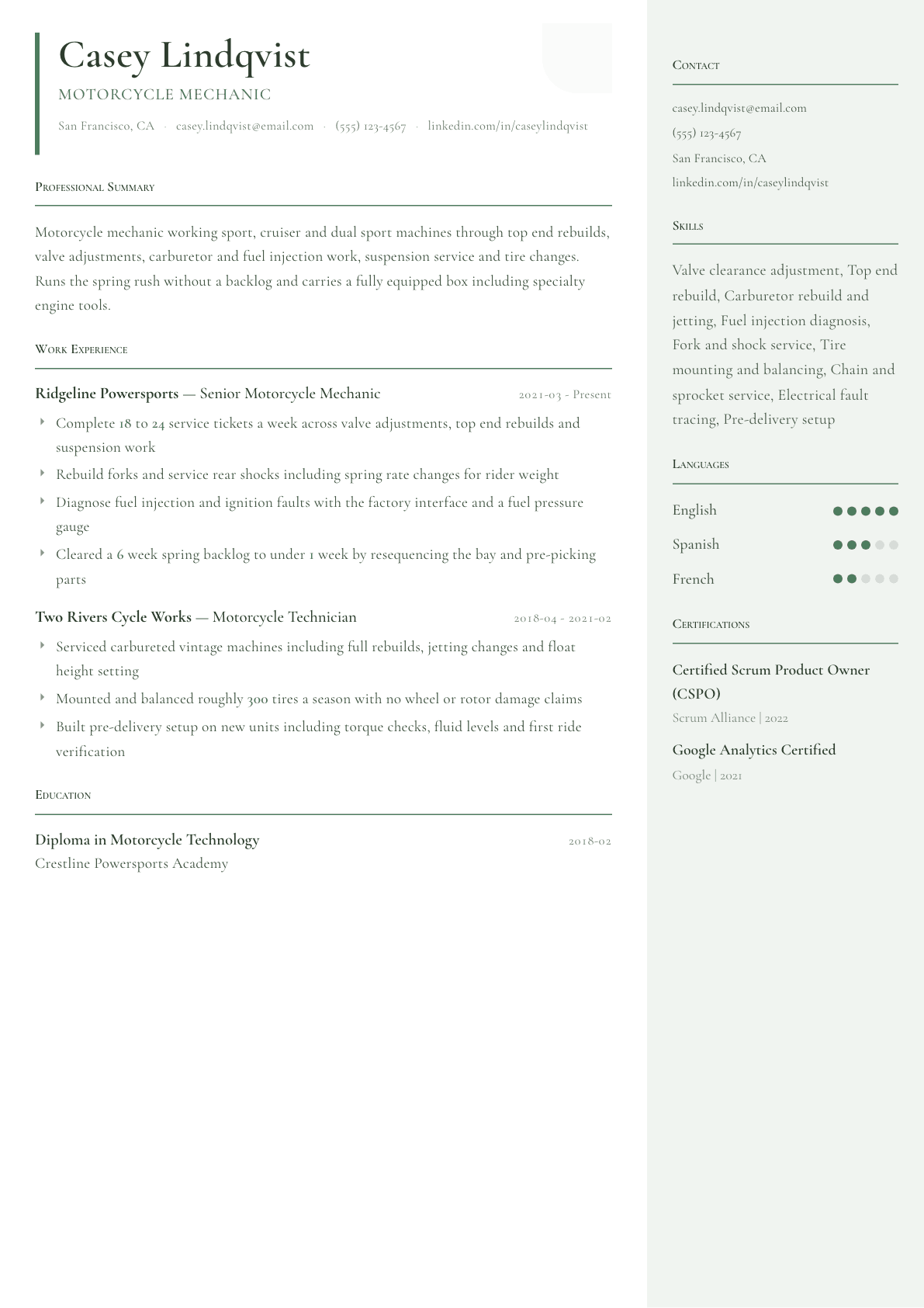 Motorcycle Mechanic resume example, Copenhagen template