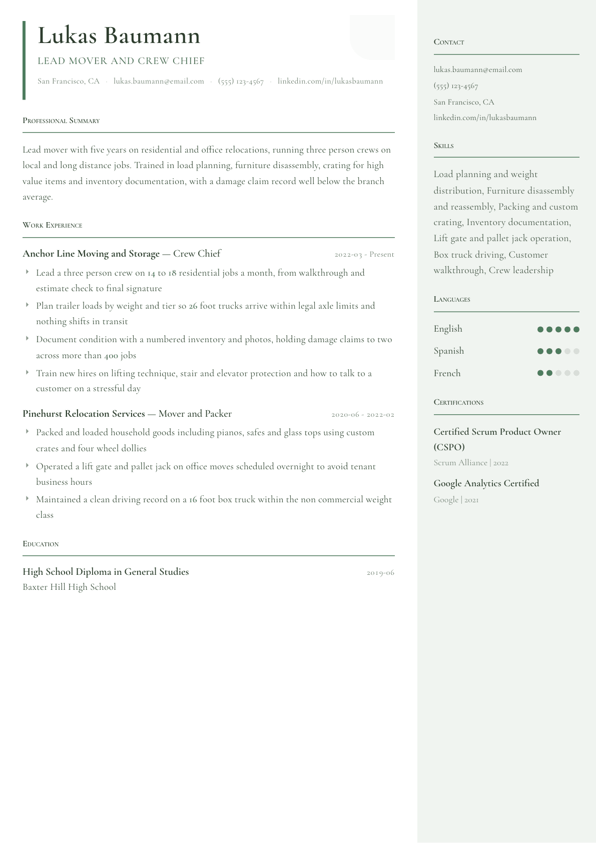 Mover resume example, Copenhagen template