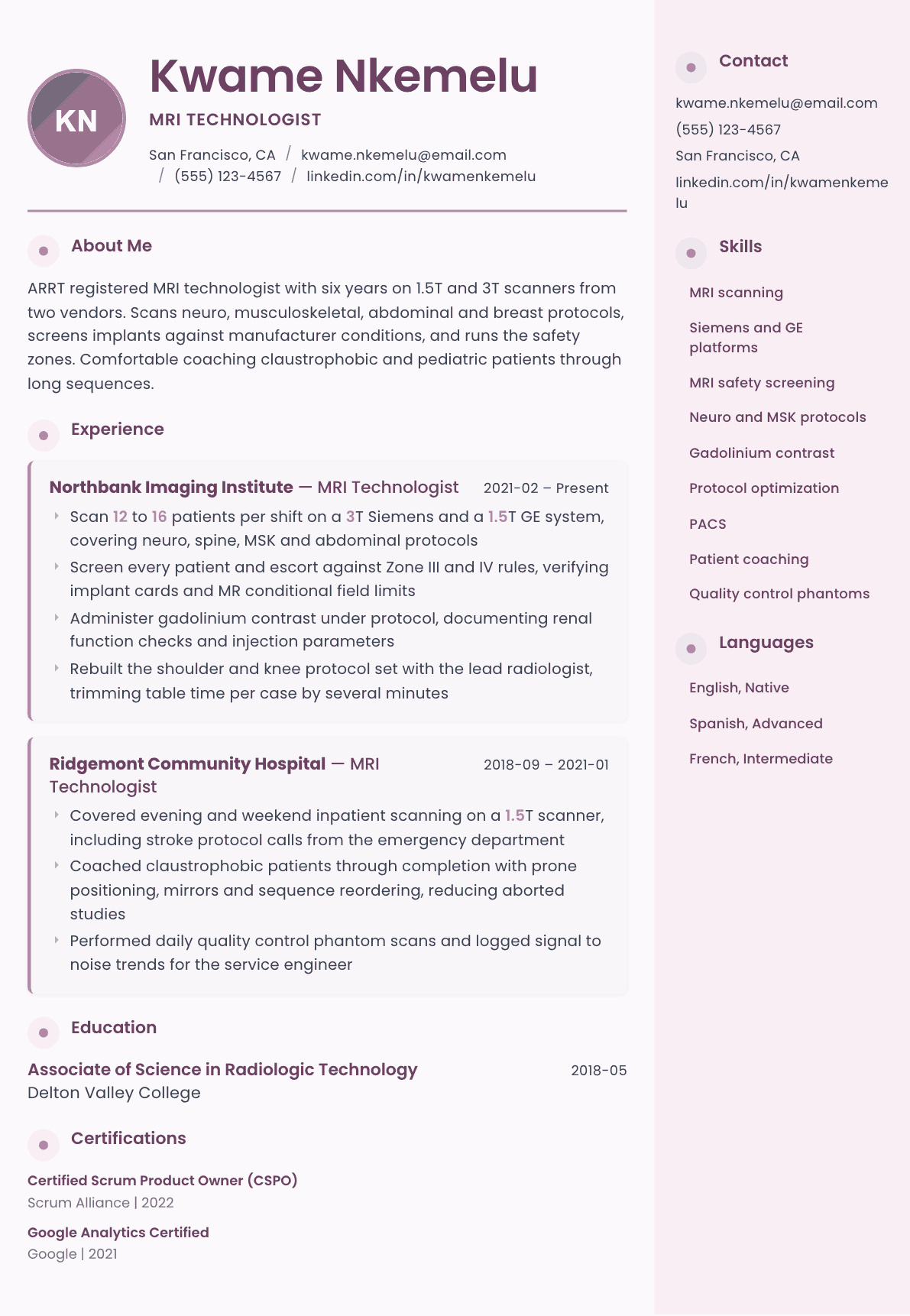 MRI Technologist resume example, Bloom template