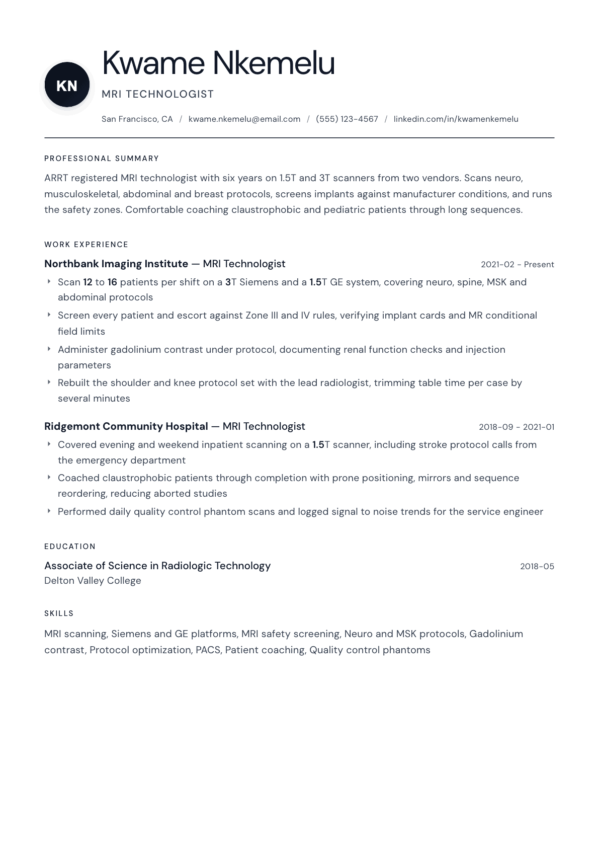MRI Technologist resume example, Stockholm template