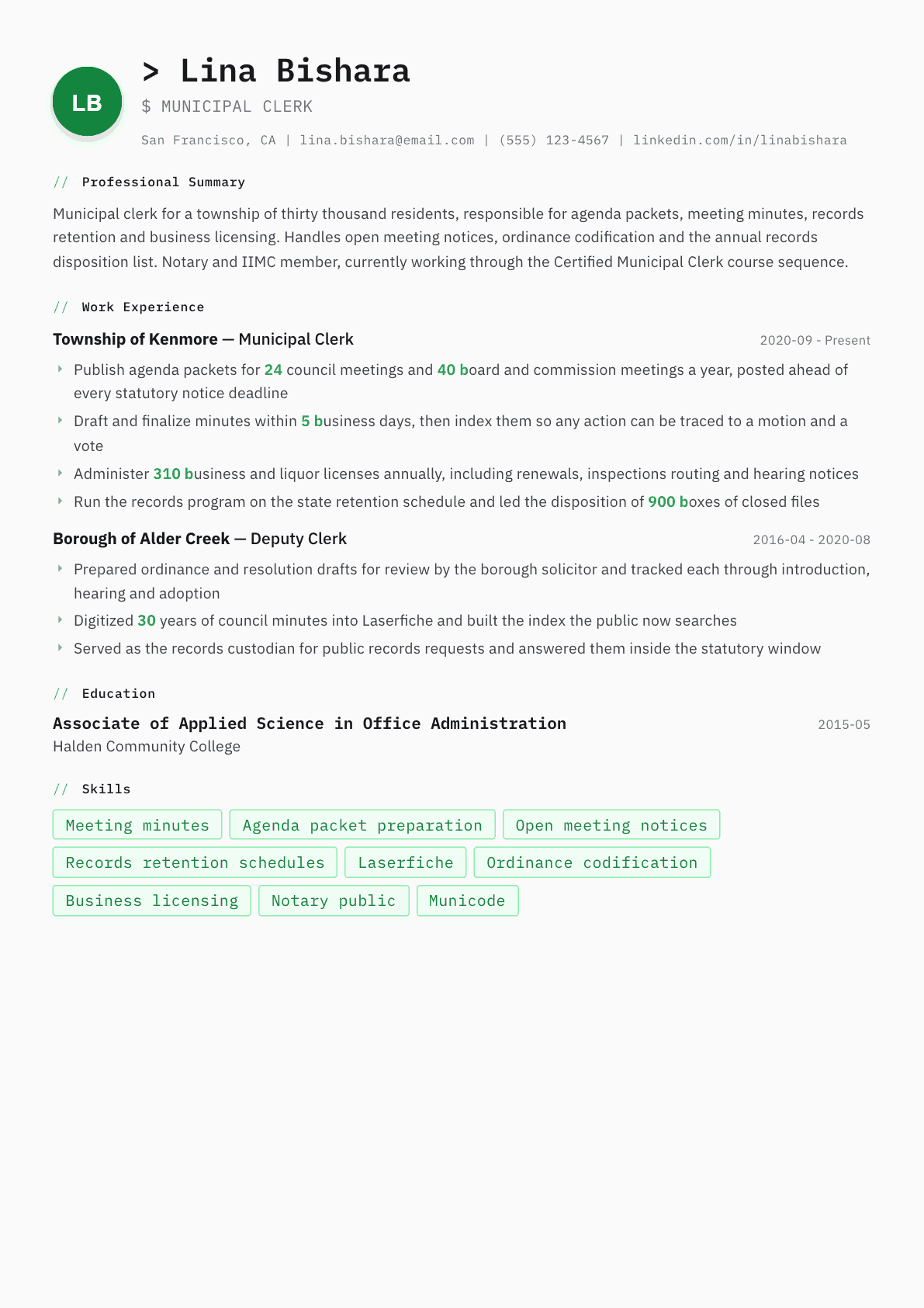 Municipal Clerk resume example, Amsterdam template