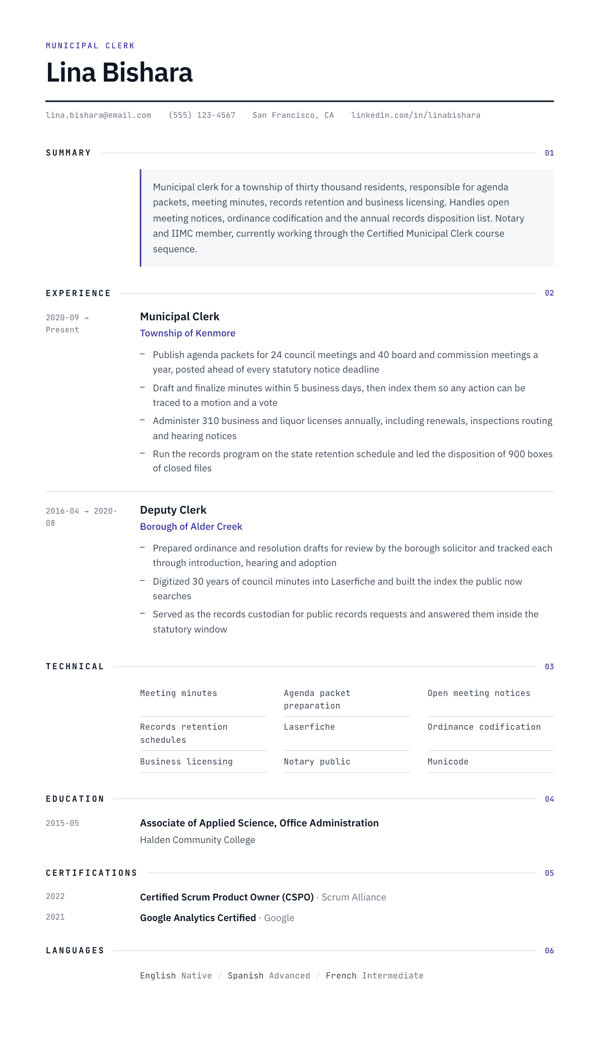 Municipal Clerk resume example, Substrate template