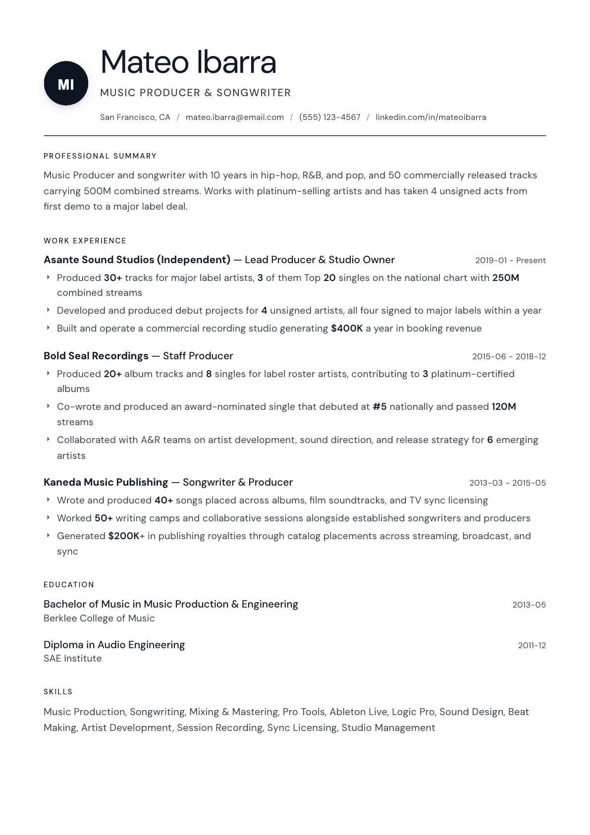 Music Producer resume example, Stockholm template