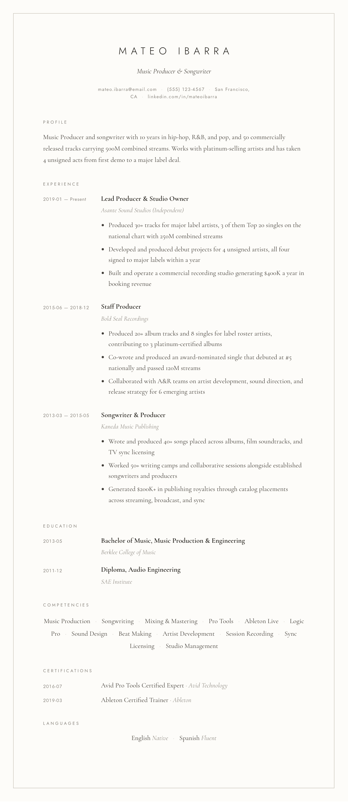 Music Producer resume example, Vellum template
