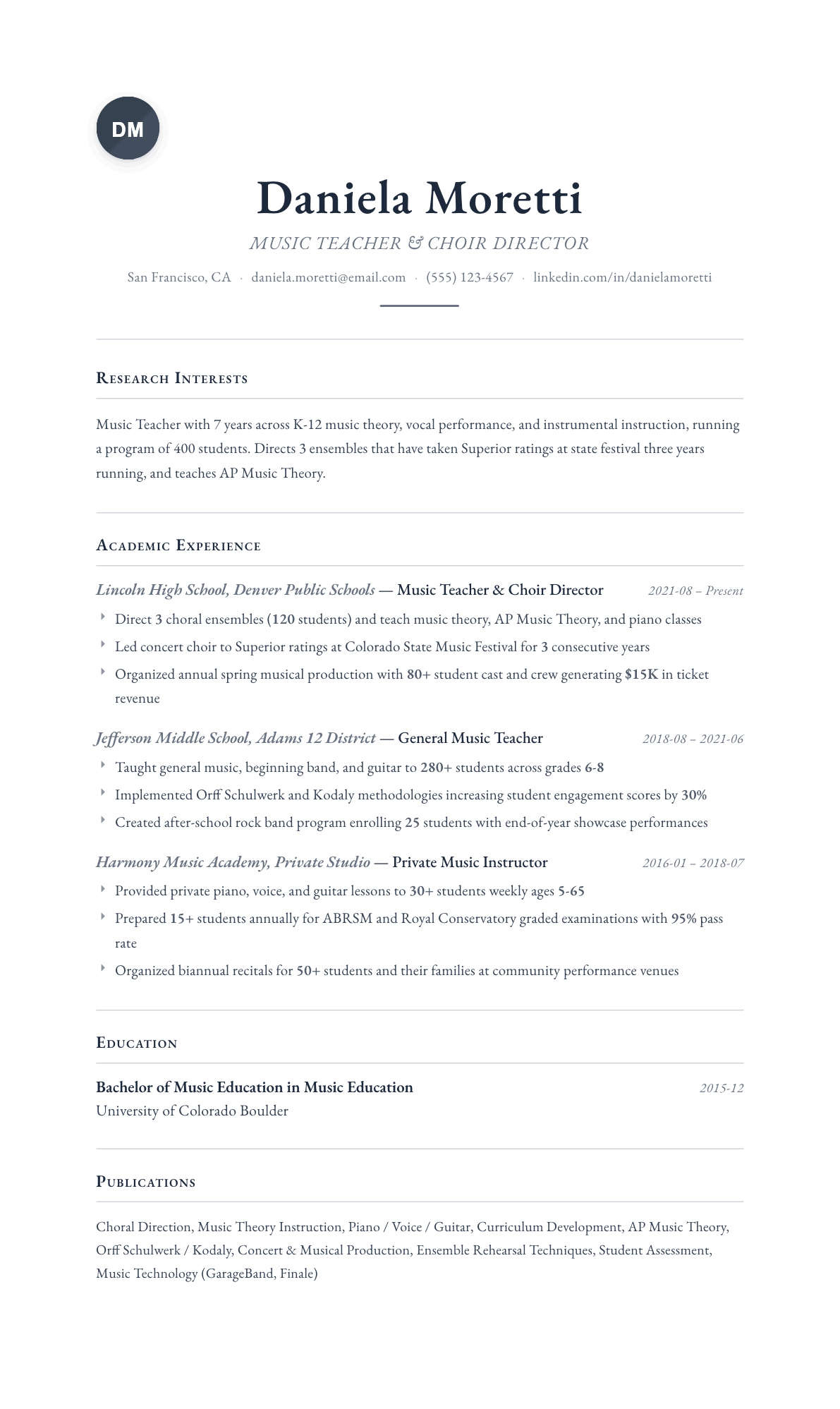Music Teacher resume example, Scholar template