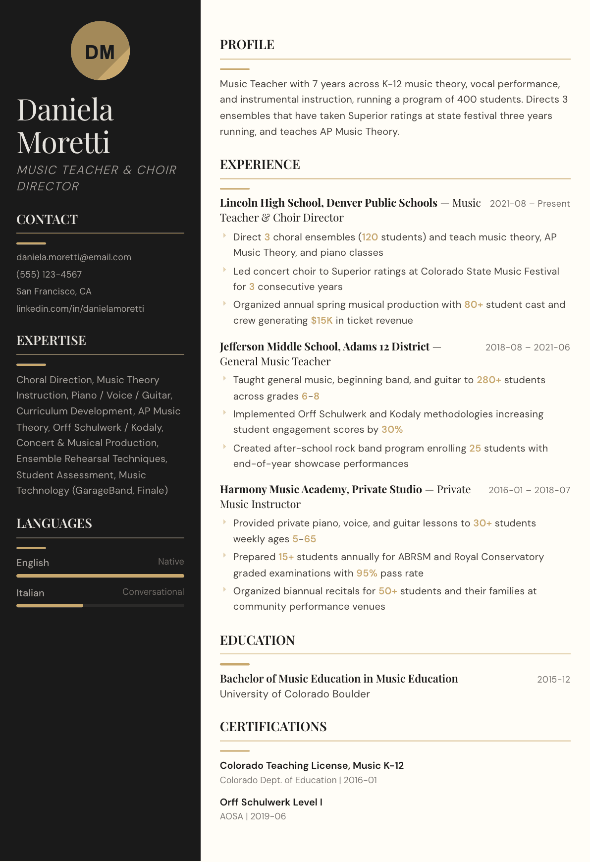 Music Teacher resume example, Obsidian template