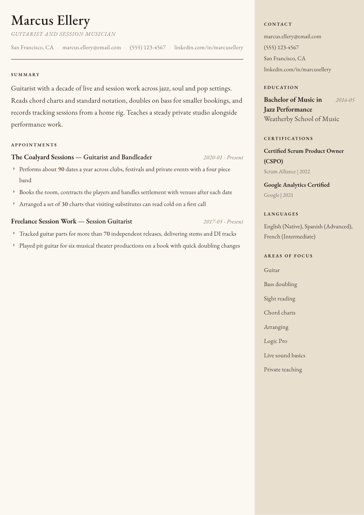 Musician resume example, Manuscript template
