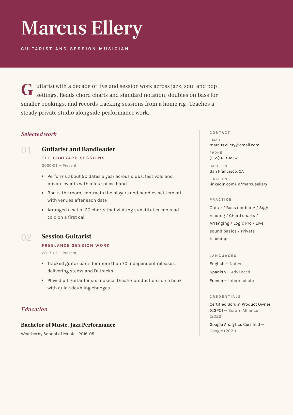 Musician resume example, Pressroom template