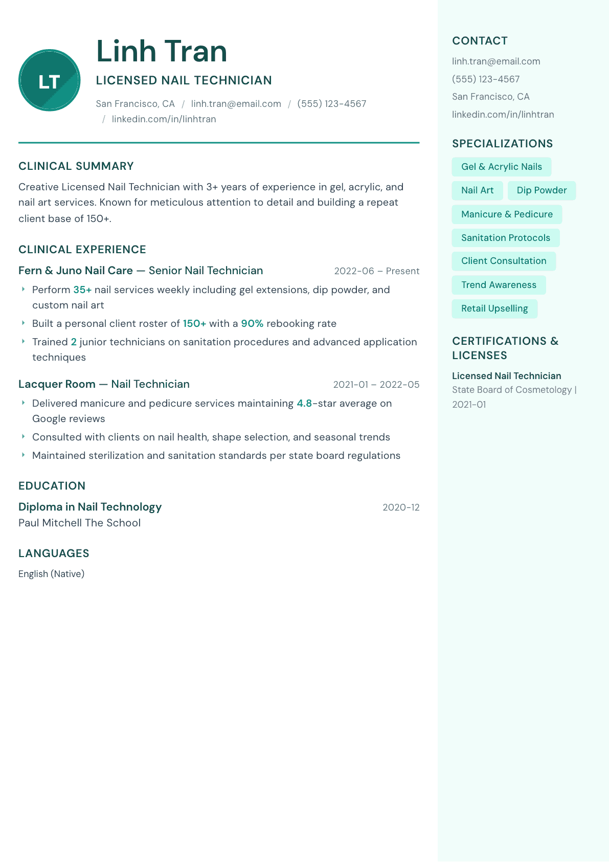 Nail Technician resume example, Remedy template