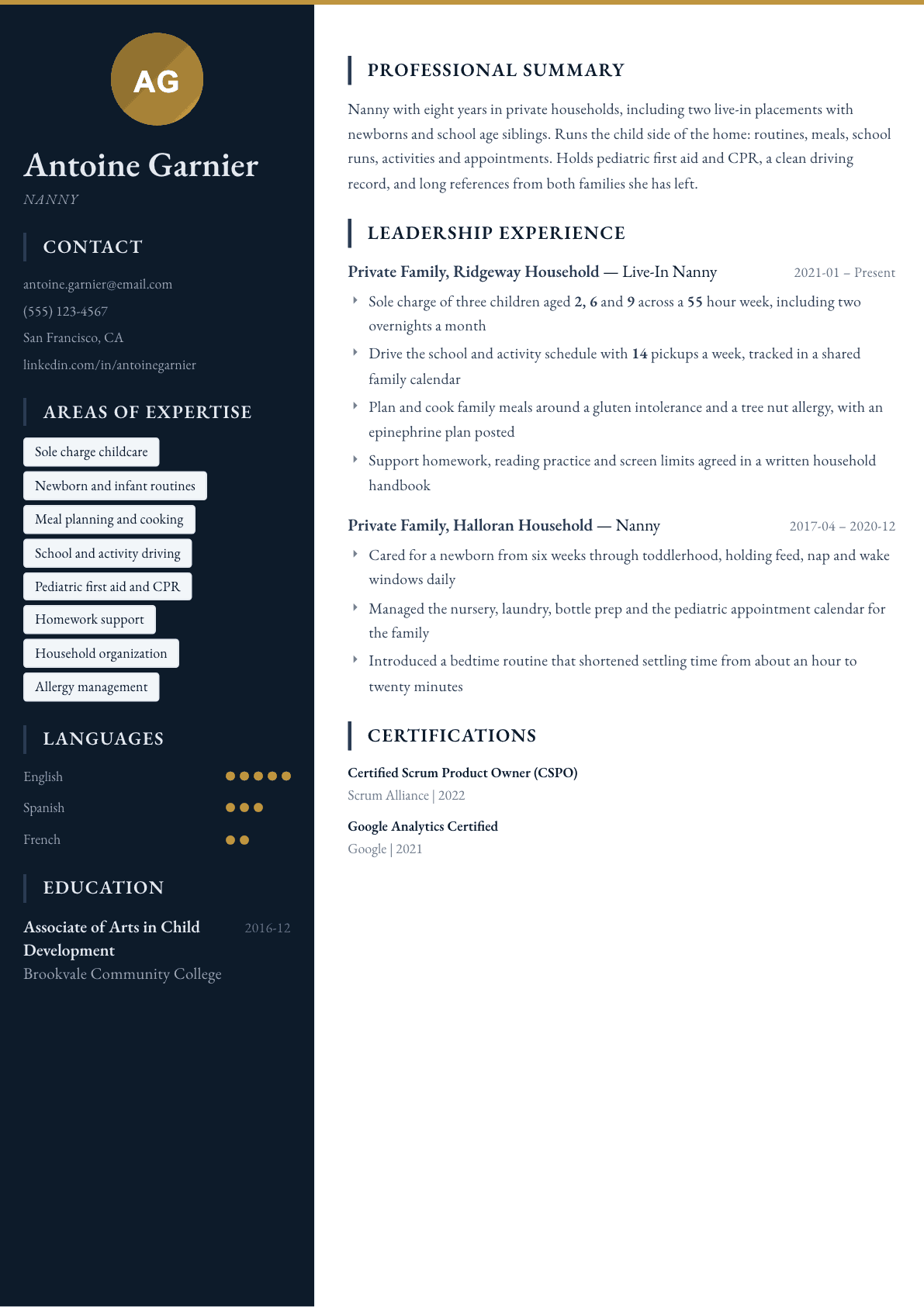 Nanny resume example, Presidio template