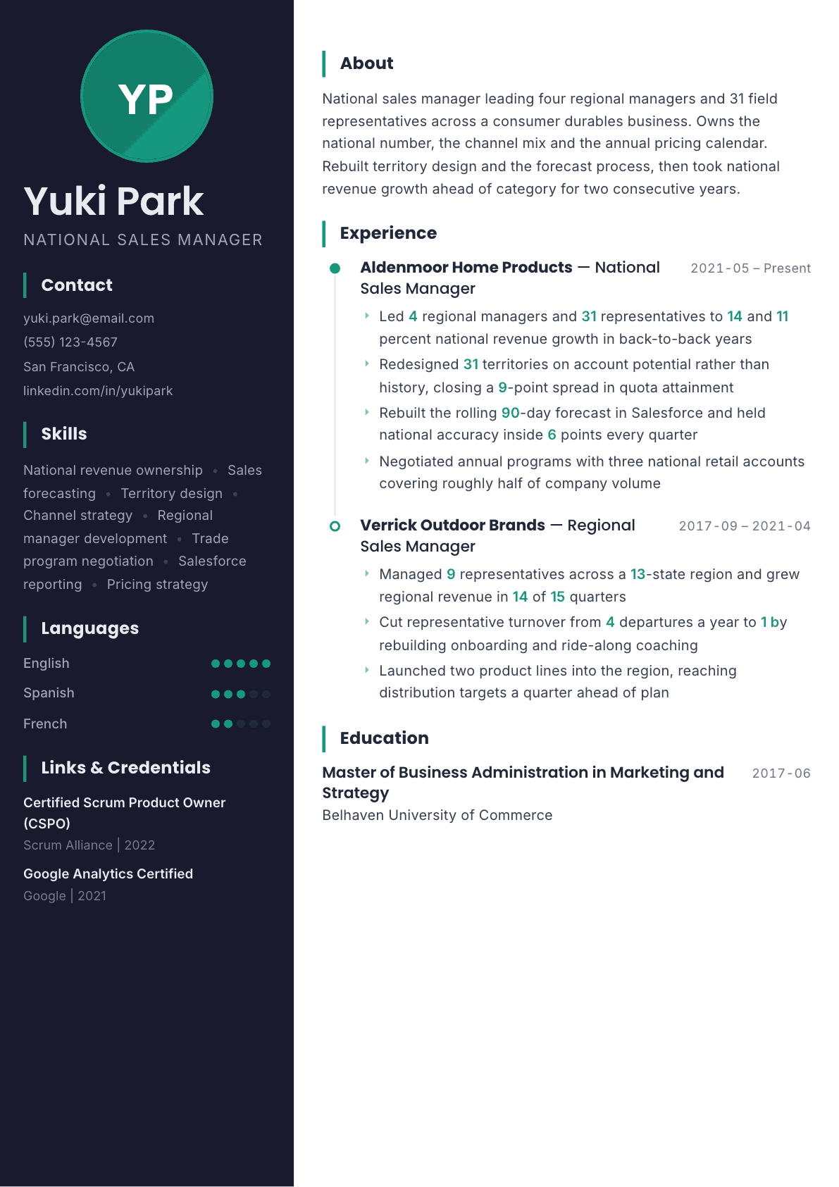 National Sales Manager resume example, Bapak template