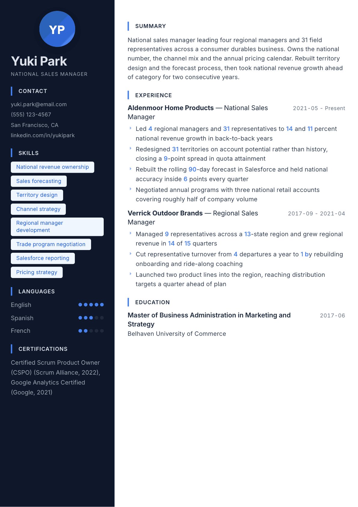 National Sales Manager resume example, Midnight Sapphire template