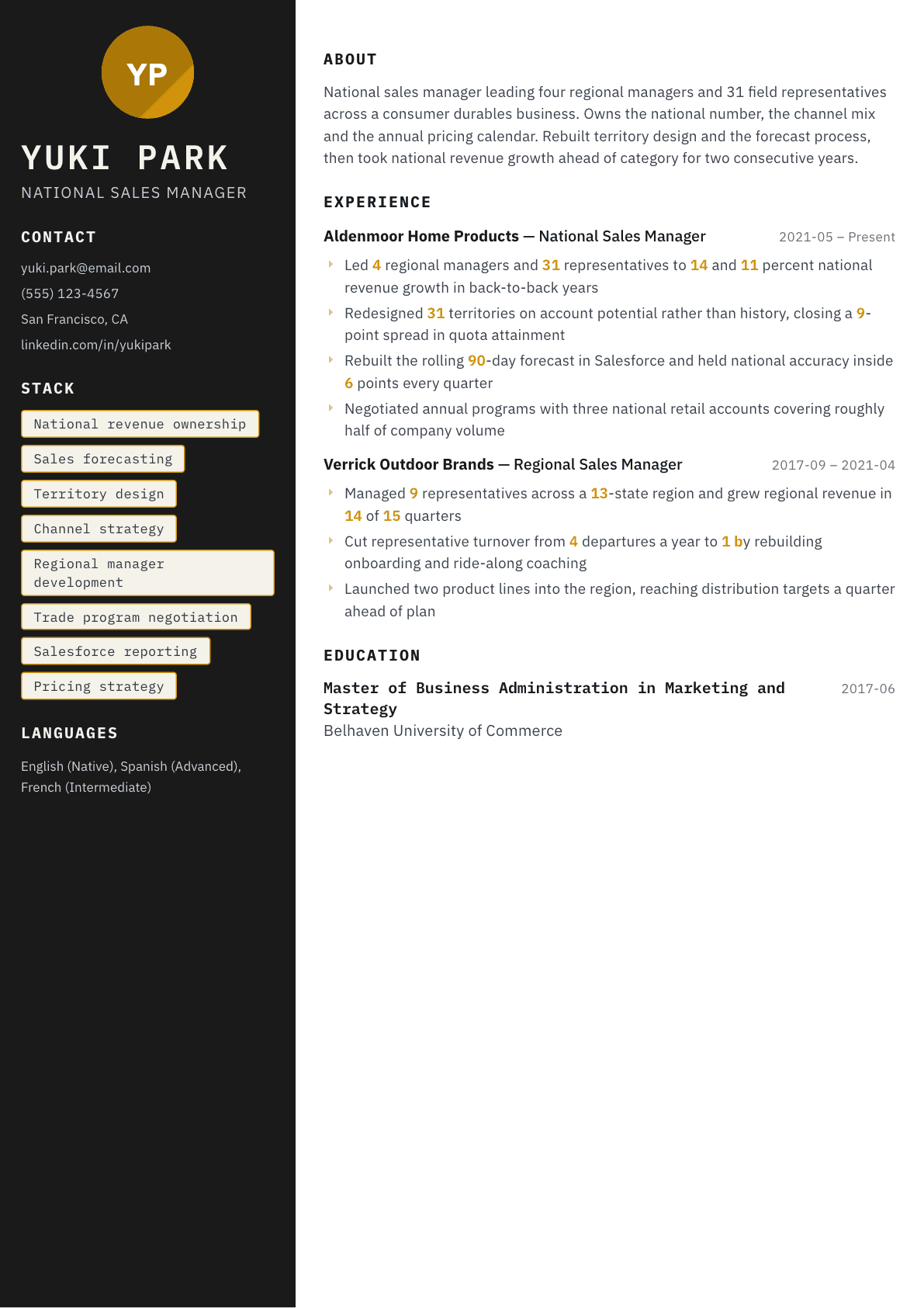 National Sales Manager resume example, Neon template