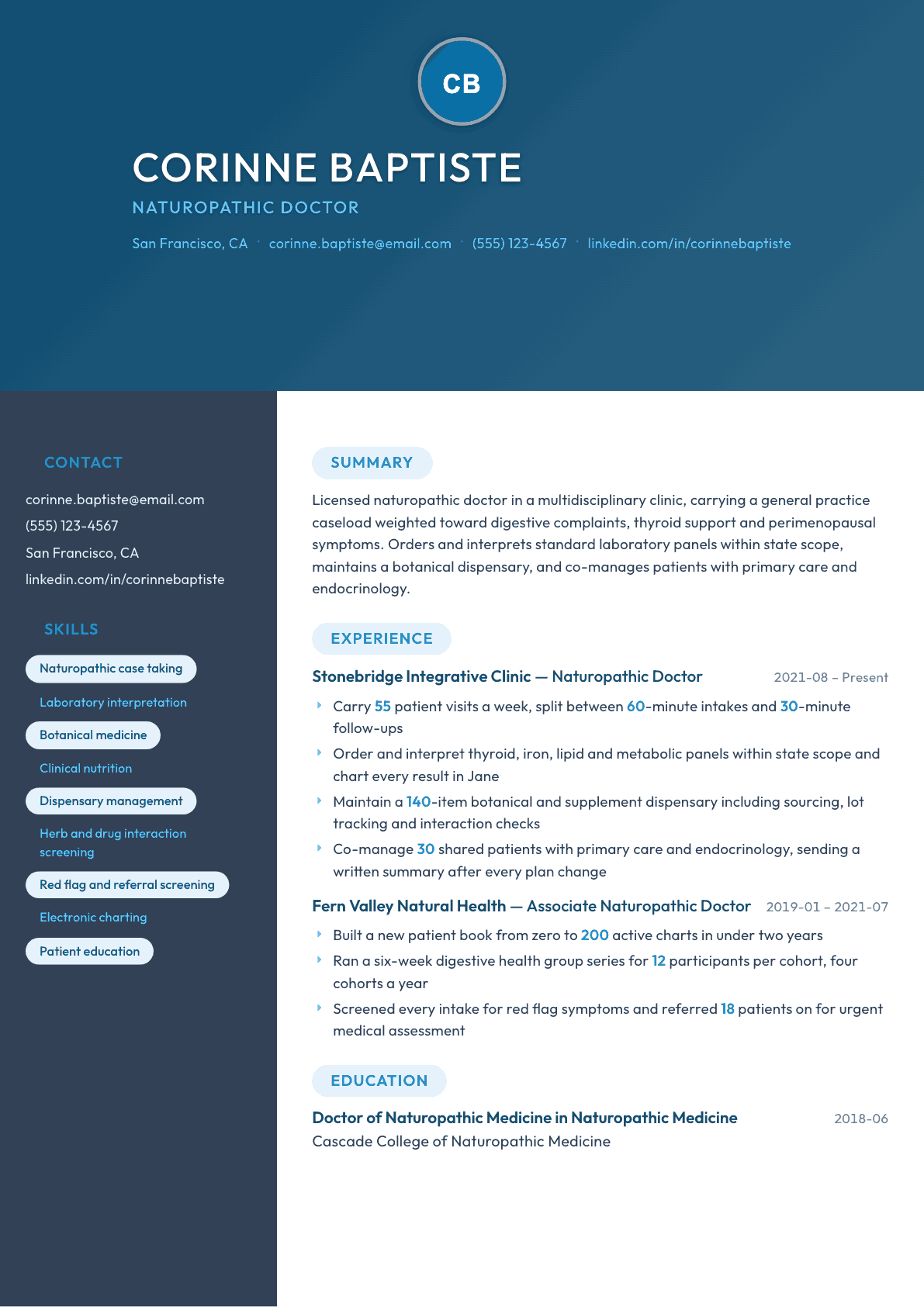 Naturopath resume example, Nexus template
