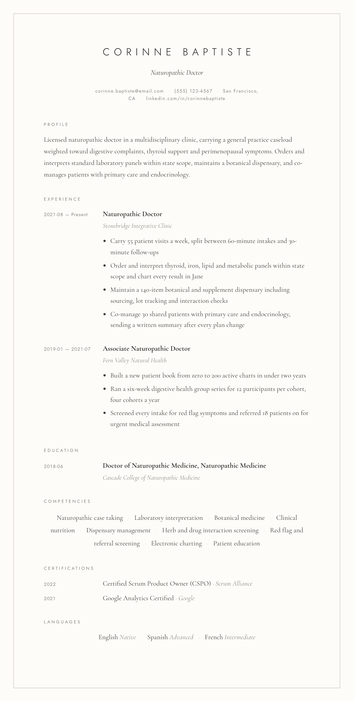 Naturopath resume example, Vellum template