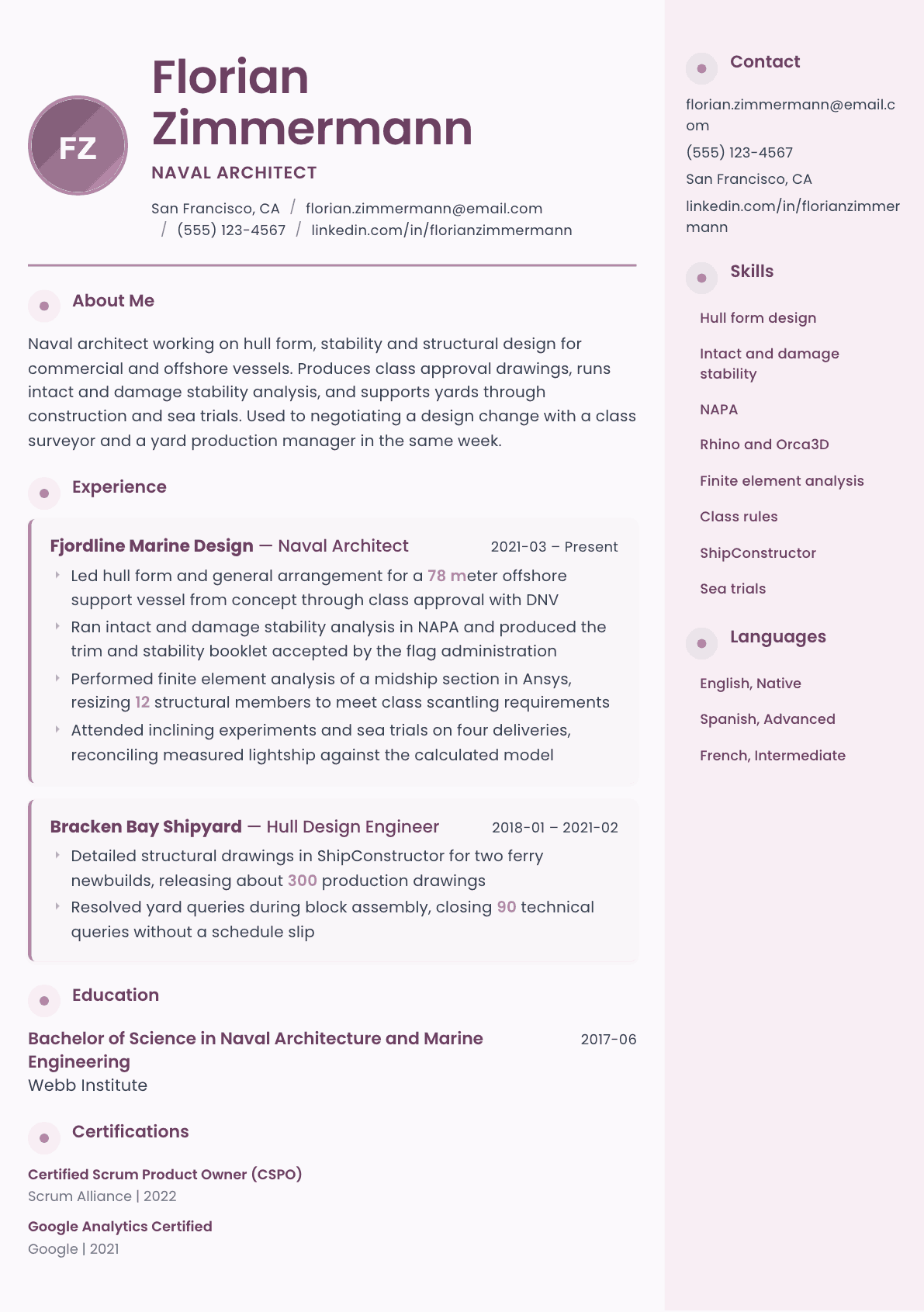 Naval Architect resume example, Bloom template