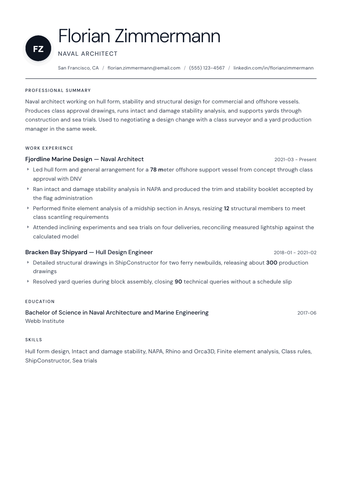 Naval Architect resume example, Stockholm template