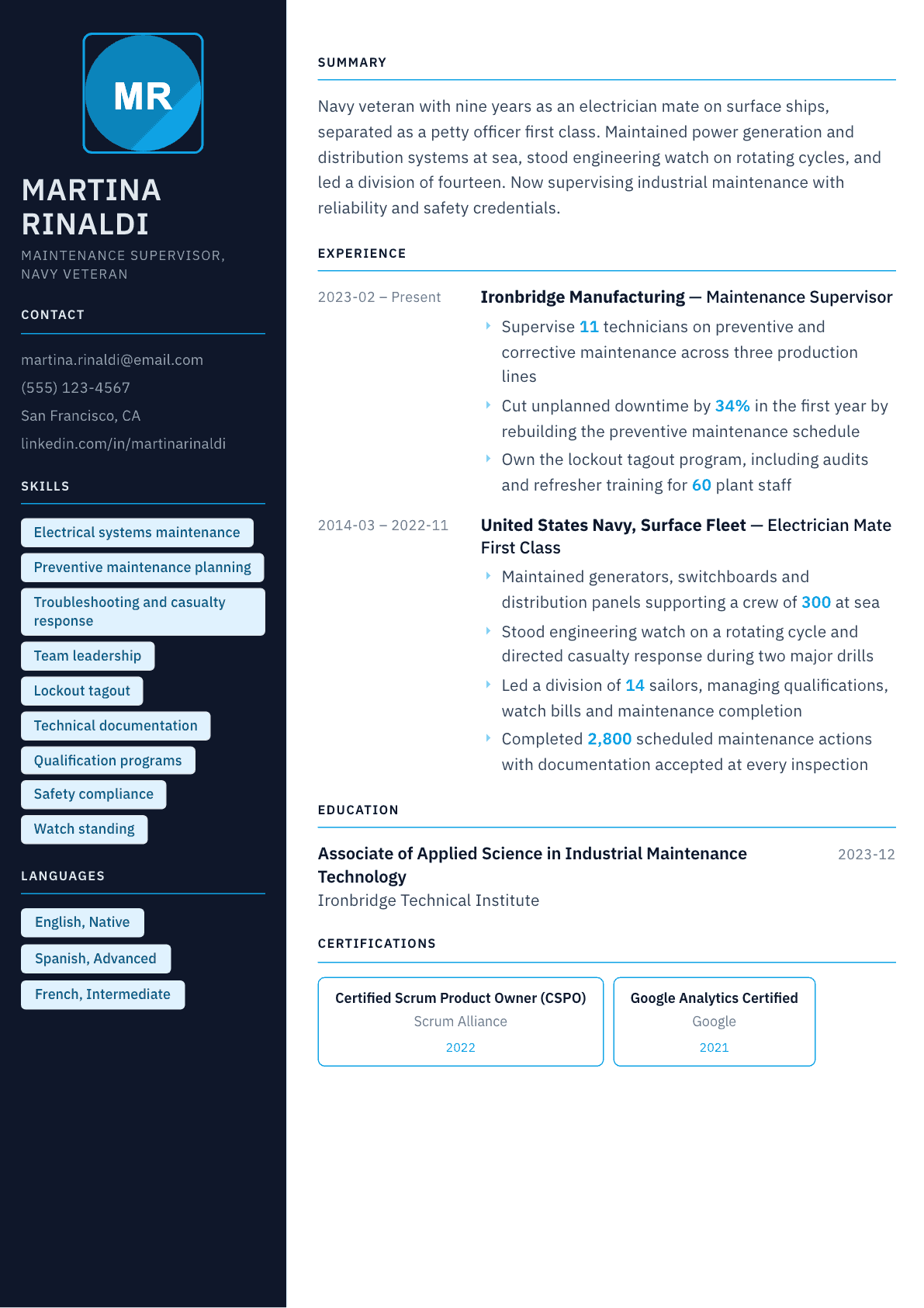 Navy Veteran resume example, Everest template