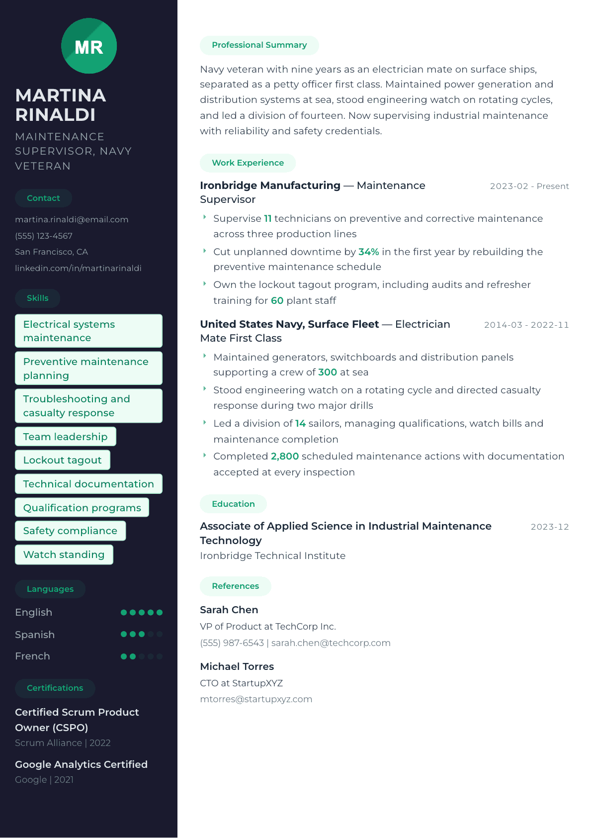 Navy Veteran resume example, Oslo template
