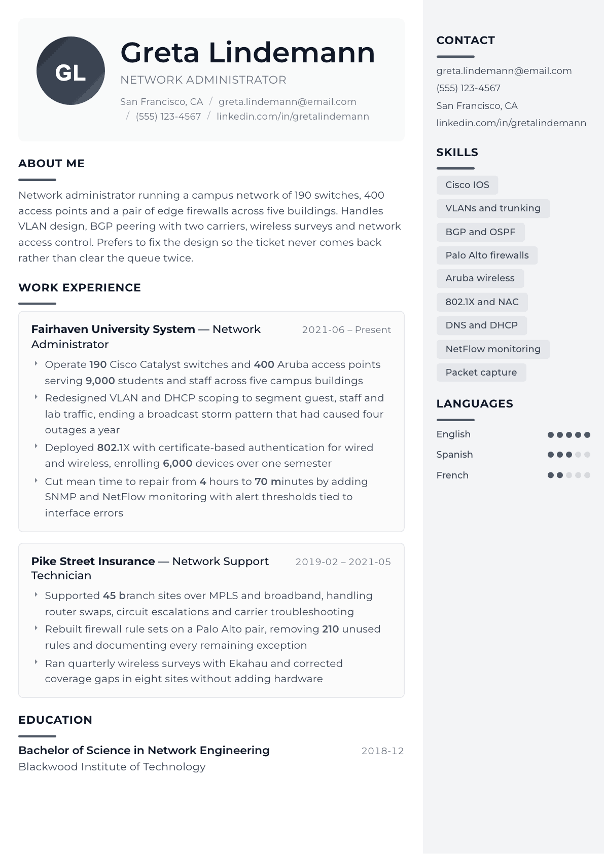 Network Administrator resume example, Metropolitan template