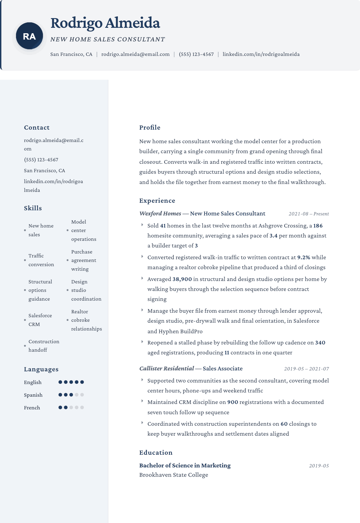 New Home Sales Consultant resume example, Formal template
