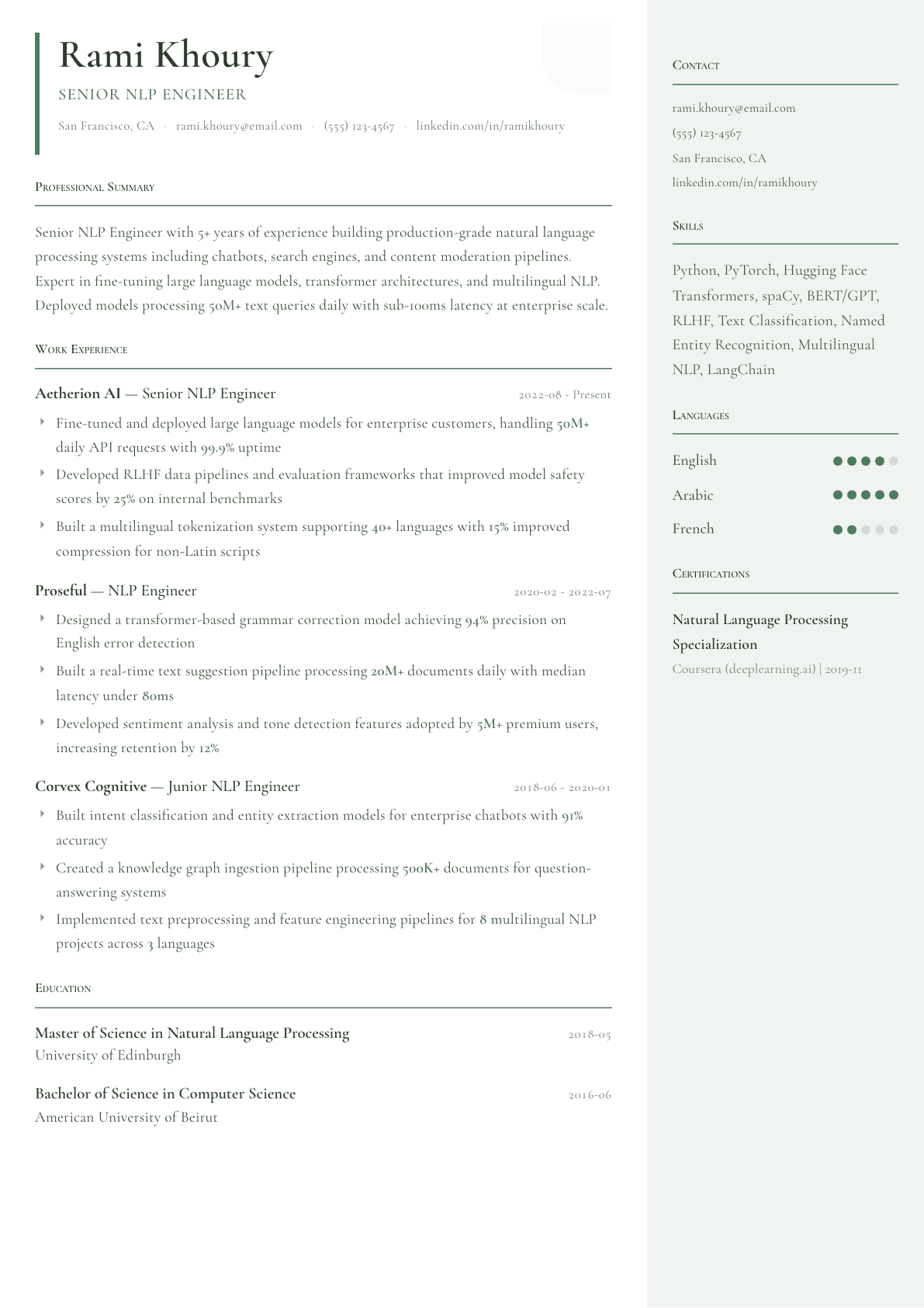 NLP Engineer resume example, Copenhagen template