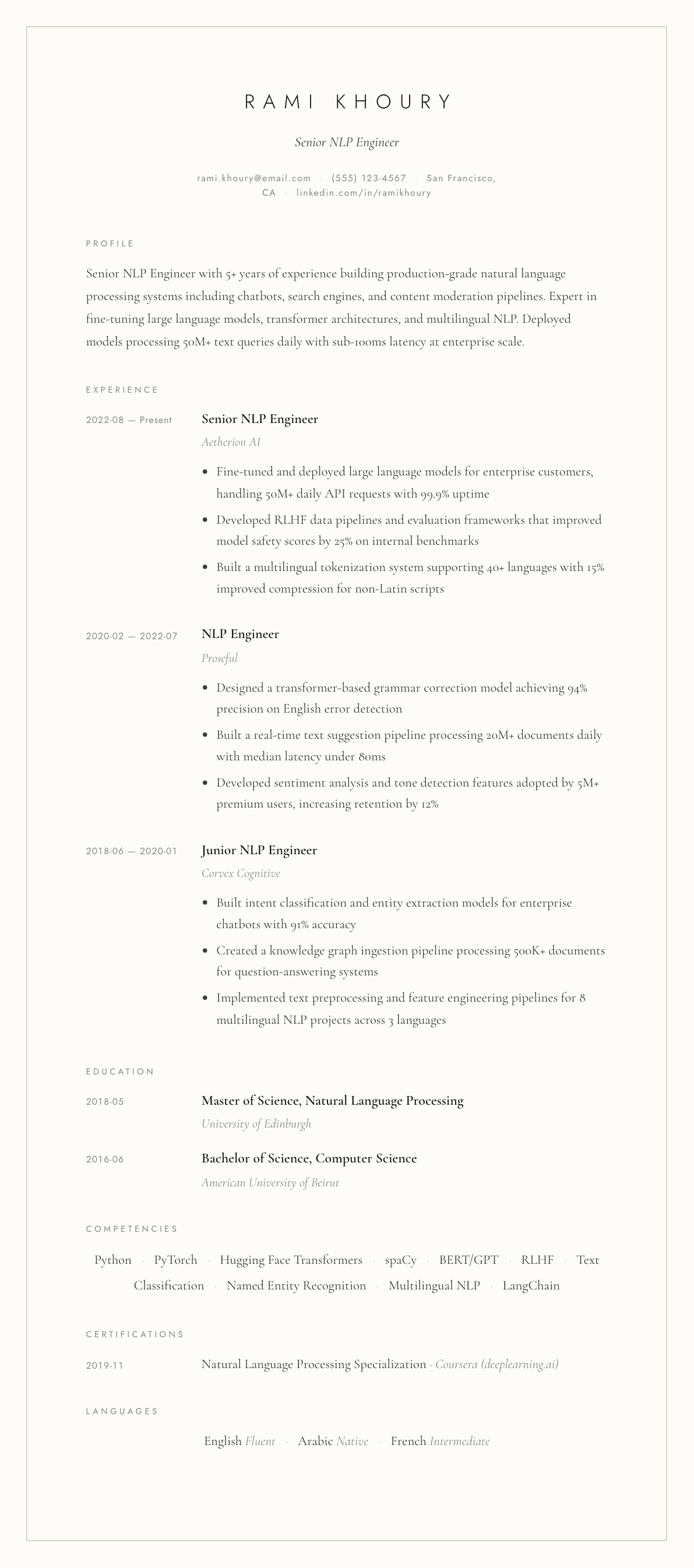NLP Engineer resume example, Vellum template