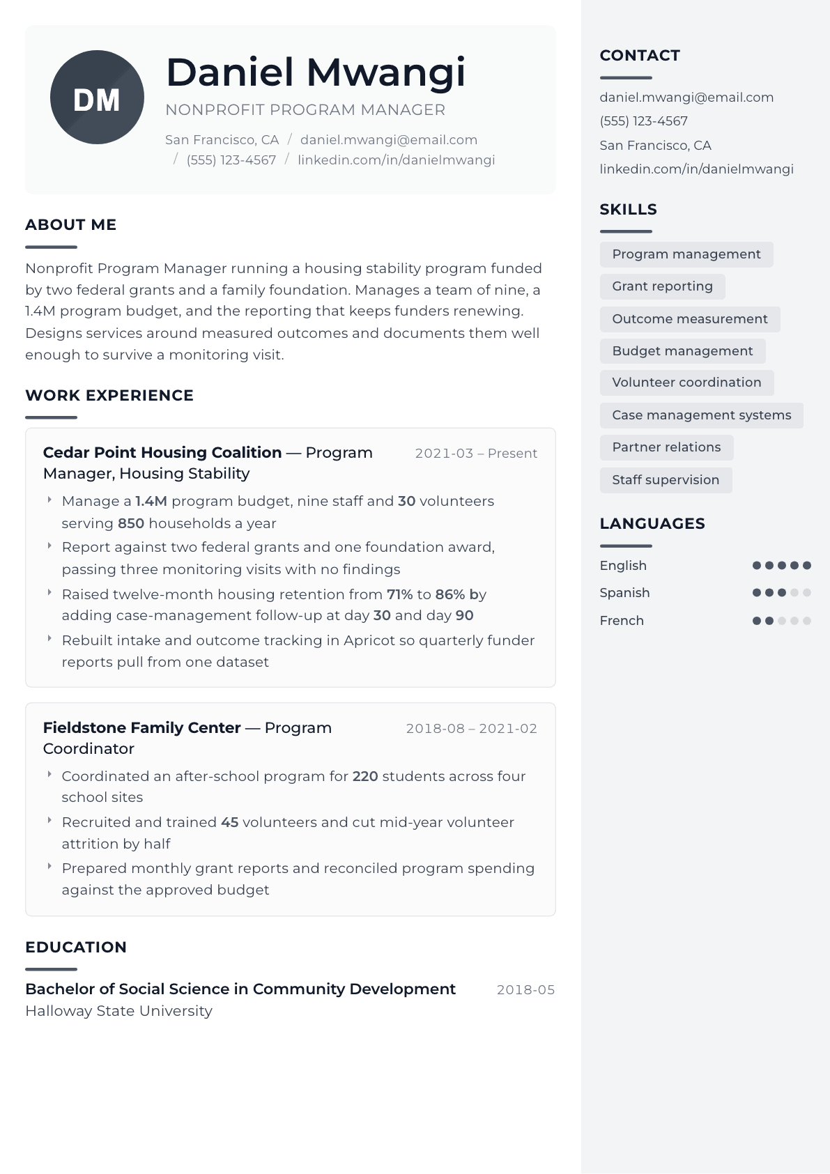 Nonprofit Program Manager resume example, Metropolitan template