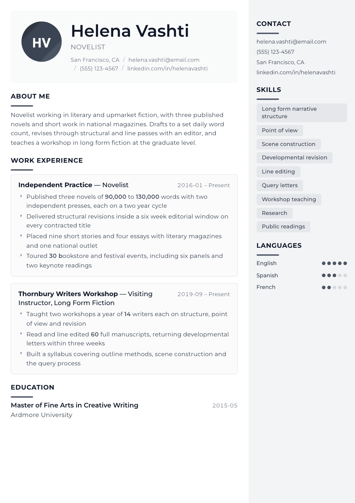 Novelist resume example, Metropolitan template